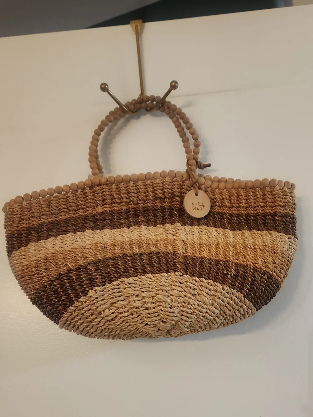 Nine West Brown/Tan Multicolored Top Handle Straw Tote